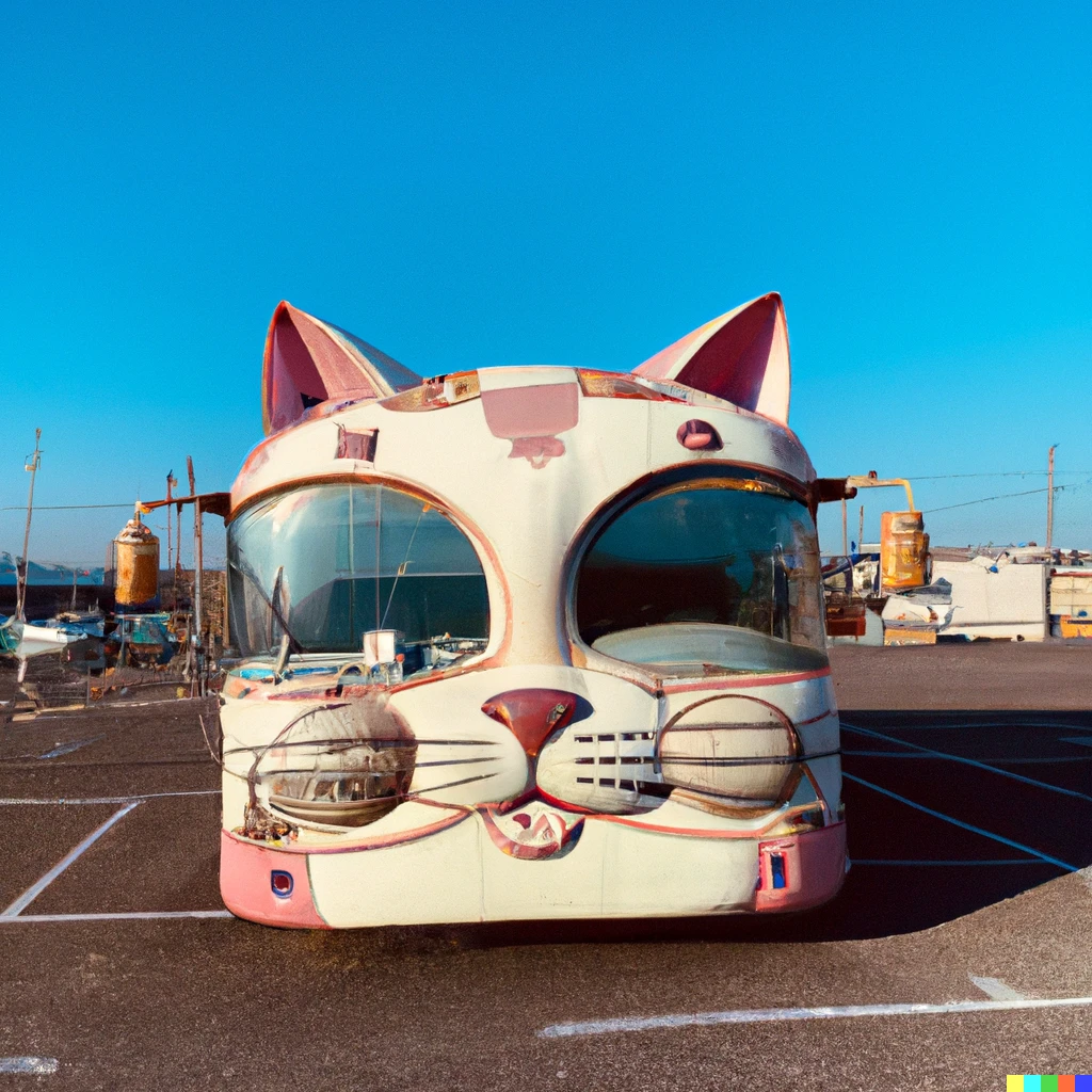 Prompt: A bus in the shape of a cat in a Japanese movie