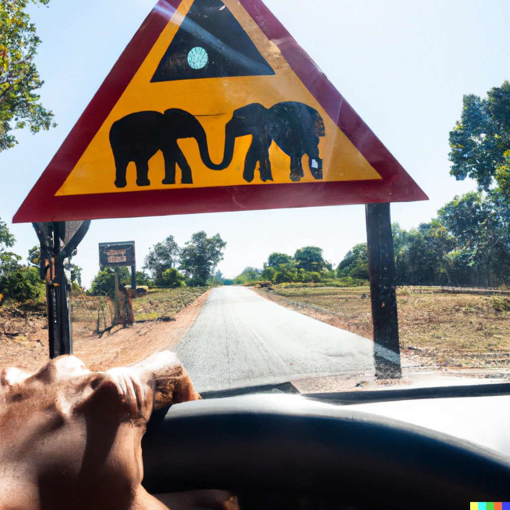 Prompt: View of the road from the driver’s seat, with a huge road sign warning about elephants