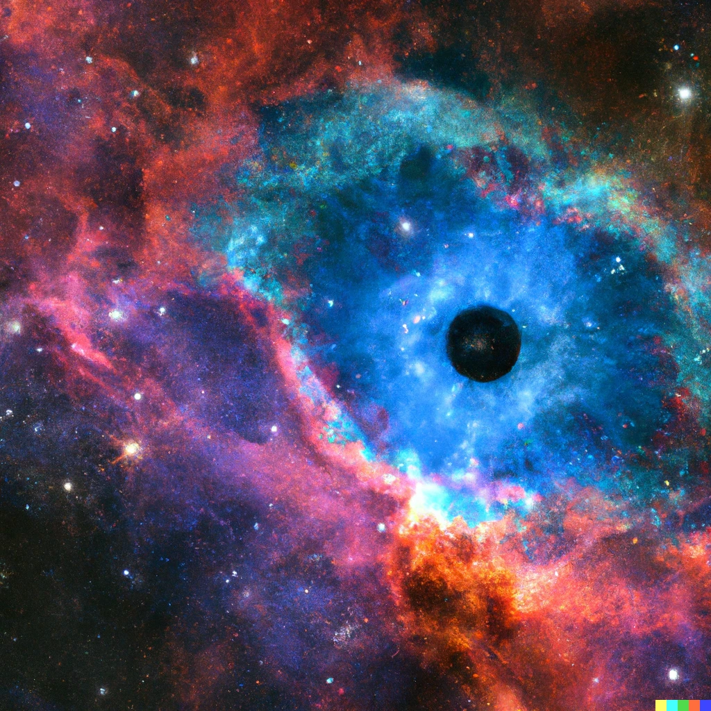 Prompt: Detailed photograph of a super nova exploding inside a blue and red nebula in the shape of an eye, with a barred spiral galaxy in the background
