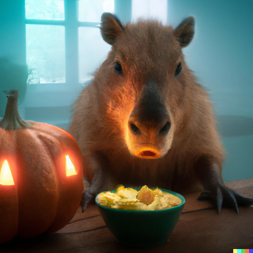 Prompt: Capybara getting ready for Halloween party, reminiscing about breakfast with realism unreal engine. 