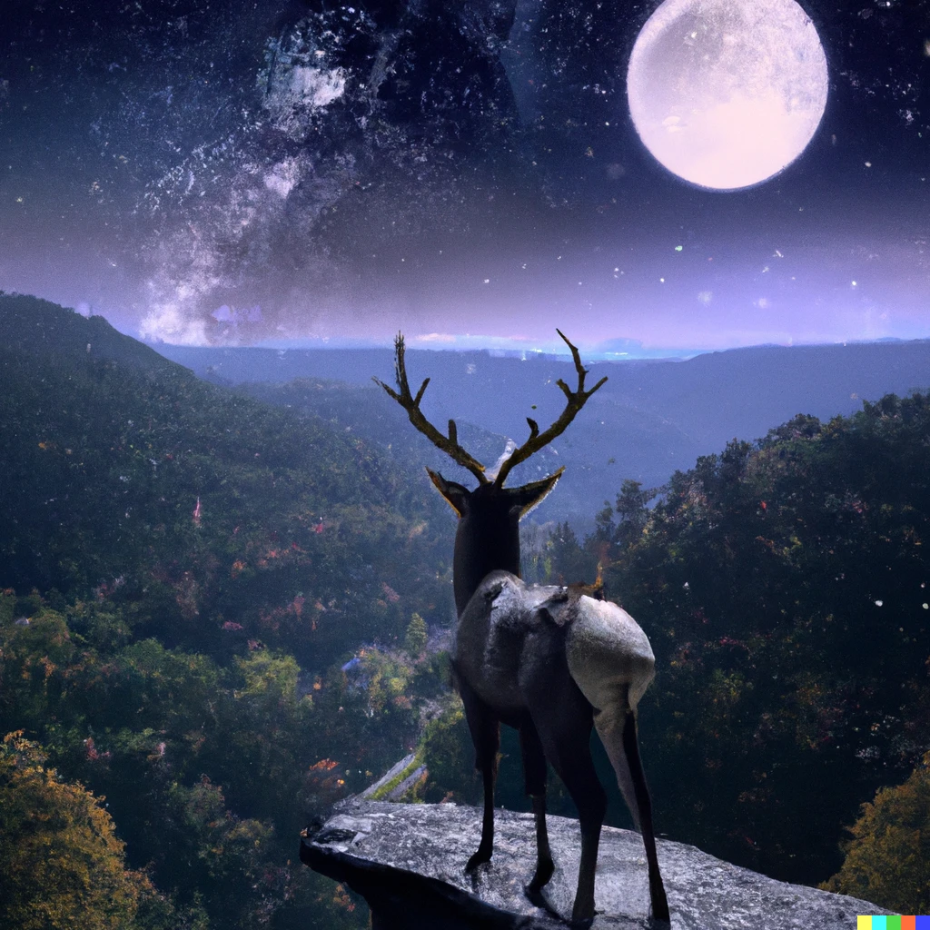 Prompt: A buck standing on a cliff's edge, overlooking a huge forested valley,  with stars shining brightly in the sky and a full moon just coming over the horizon behind him.
