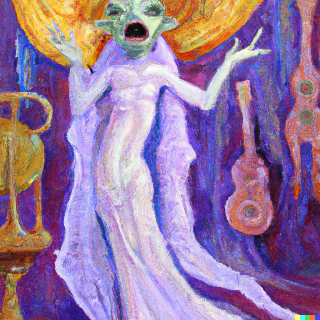 Prompt: An oil painting of an alien singing opera in an ornate gown.