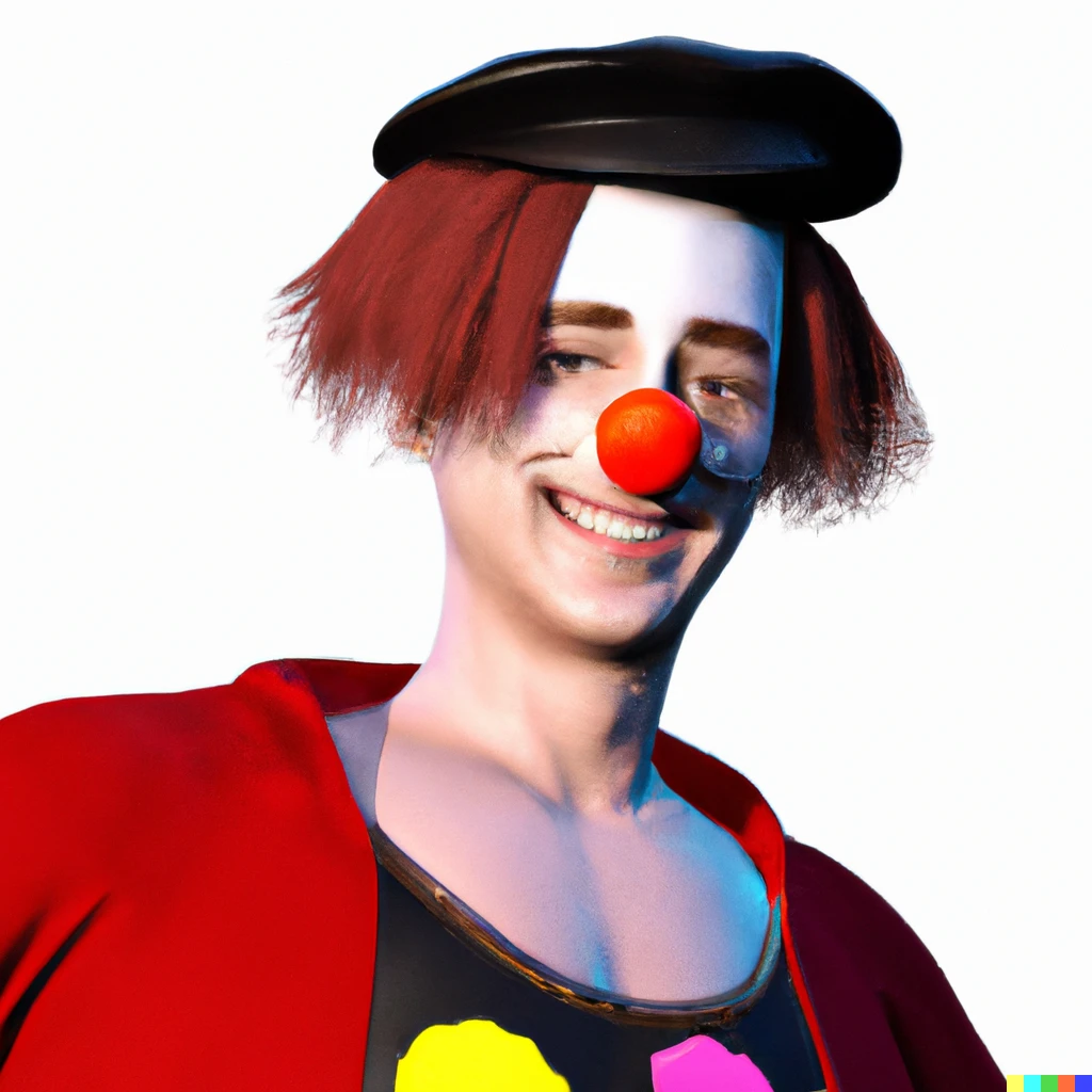 Prompt: A 3d render of a fashion forward clown with a friendly smile in the style of Rembrandt 