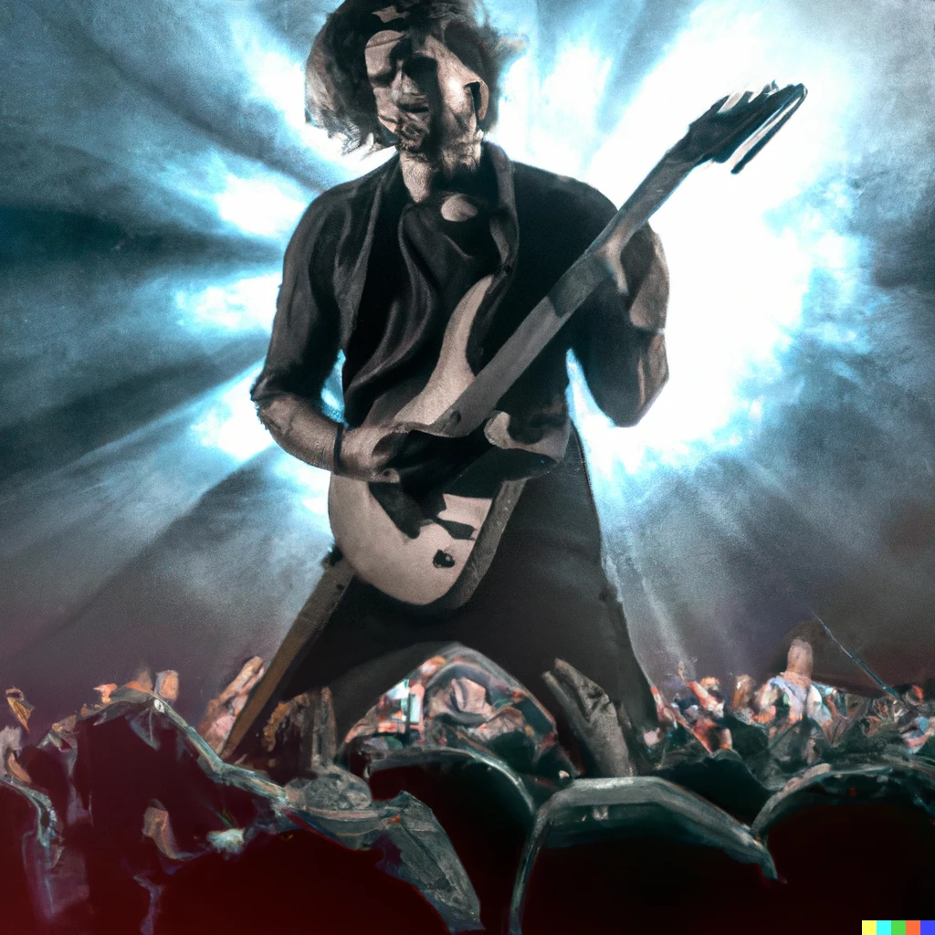 Prompt: Photorealistic image of a guitarist onstage at a concert in front of a large crowd 