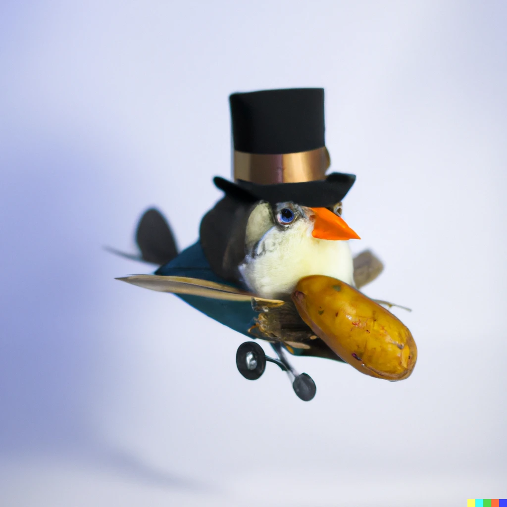 Prompt: Foto of a bird with a hat is flying a potato plane