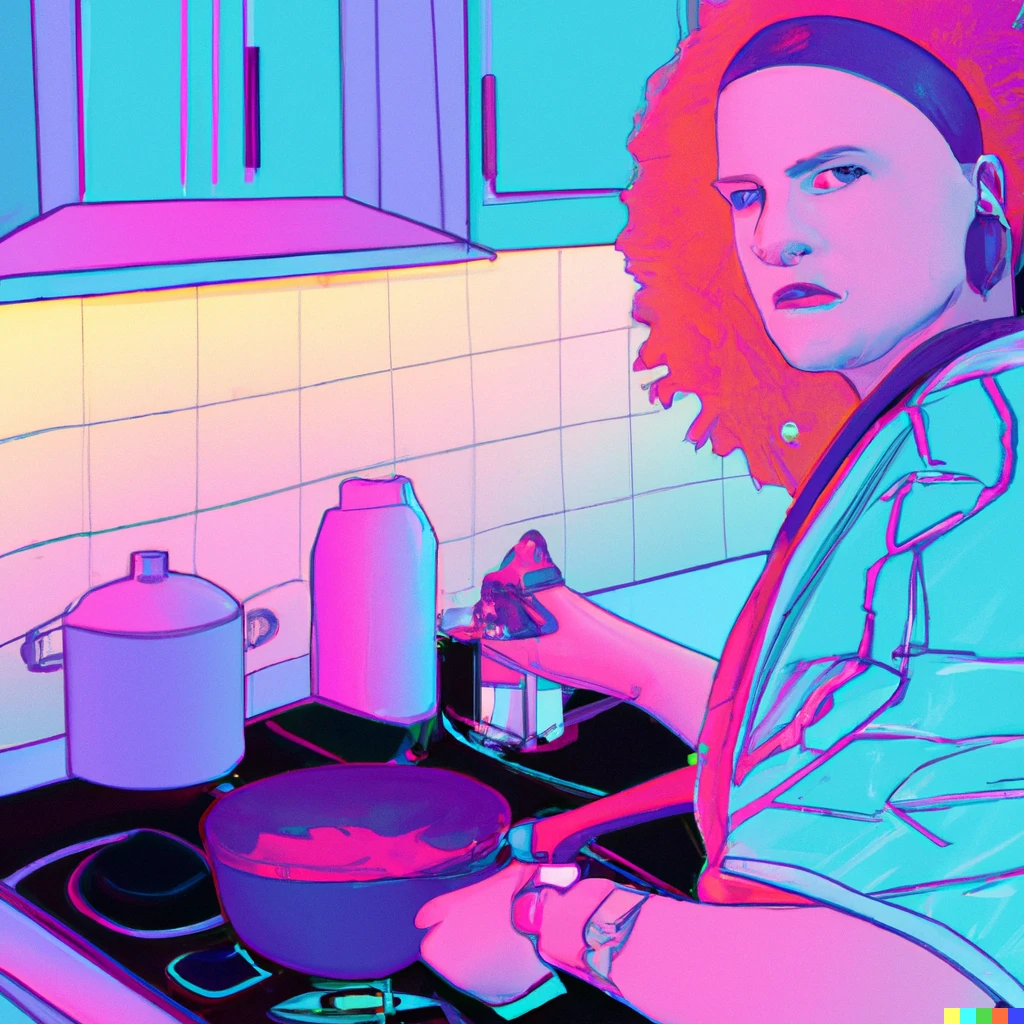 Prompt: a cooking mom, synthwave-ish.