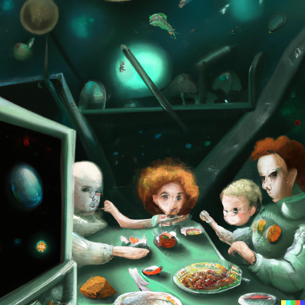 Prompt: A family having dinner in space, digital art