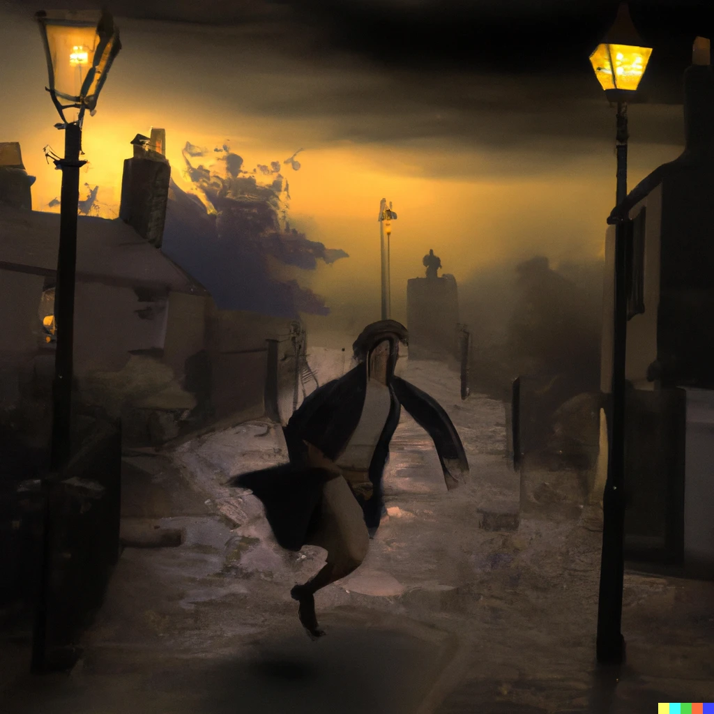 Prompt: A vampire running from the sun down a victorian street with gas lamps lighting the night
