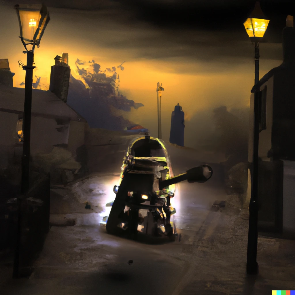 Prompt: A Dalek running from the sunlight in a victorian town lit by gas lamps