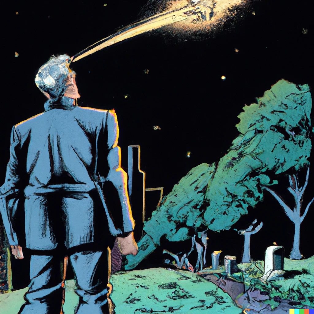 Prompt: A comic book panel drawn by Frank Miller  of an old man standing in a park, a comet passes far overhead. Detailed comic book art, 1993