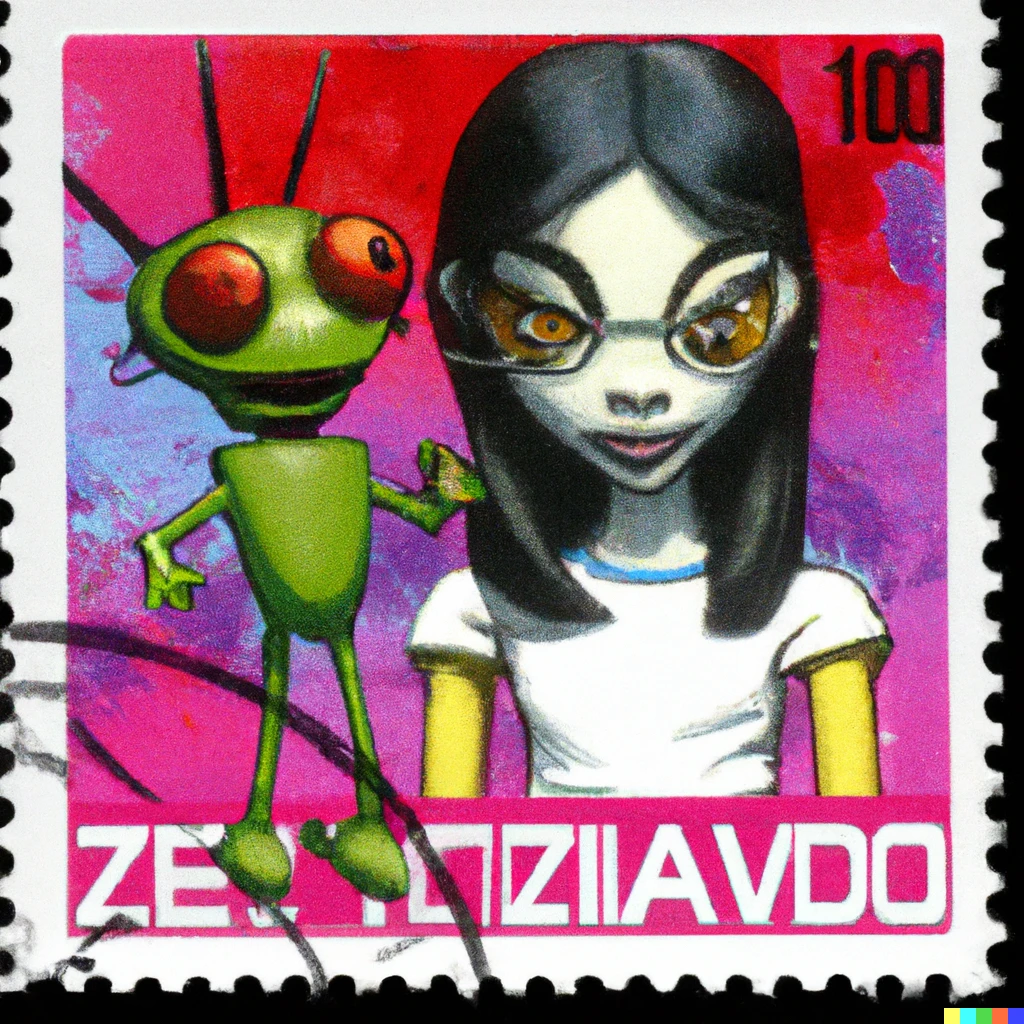 Prompt: Invader Zim and Girl on a postage stamp