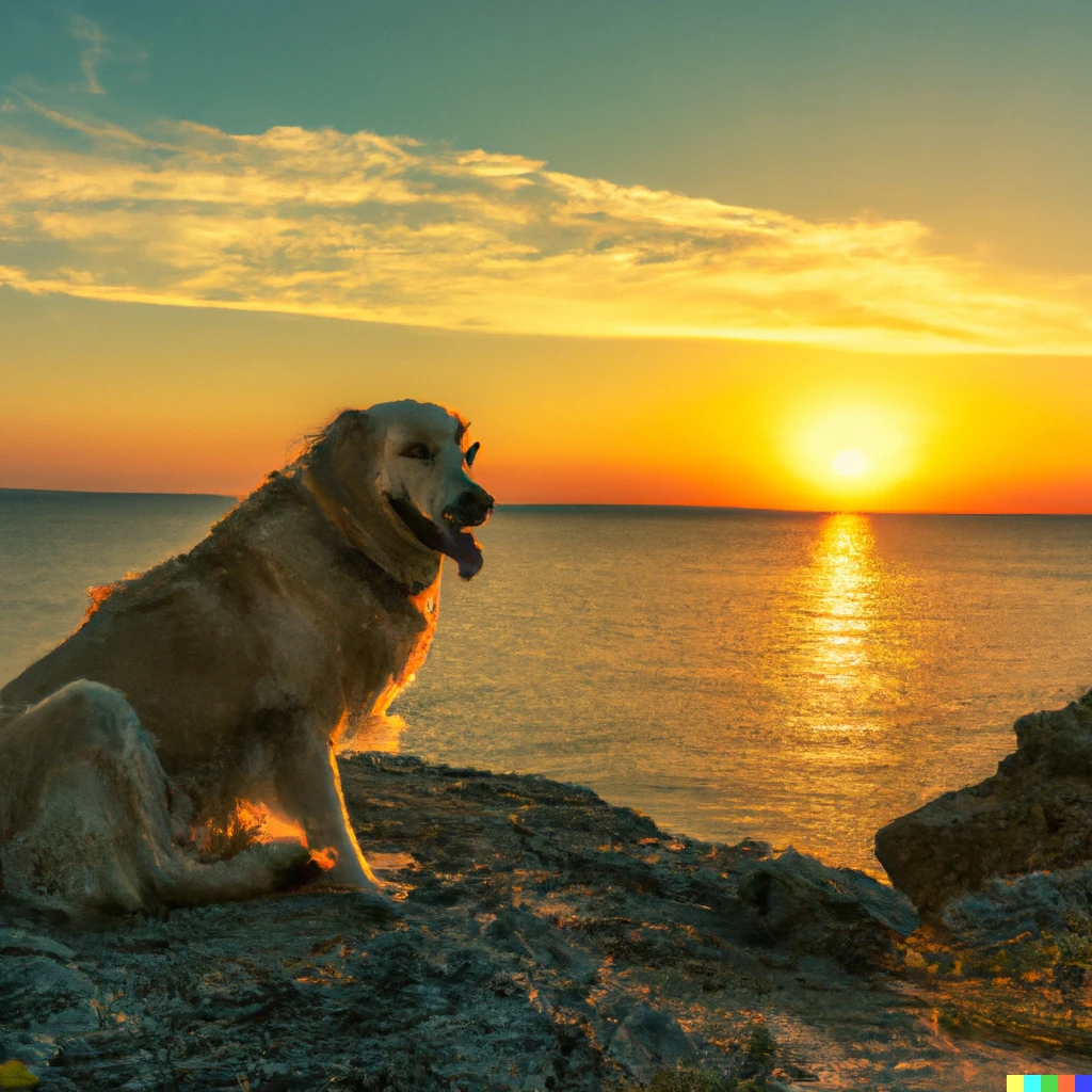 Prompt: Elderly golden retriever sits on a seaside cliff, sunset pairs the sky beautiful colors