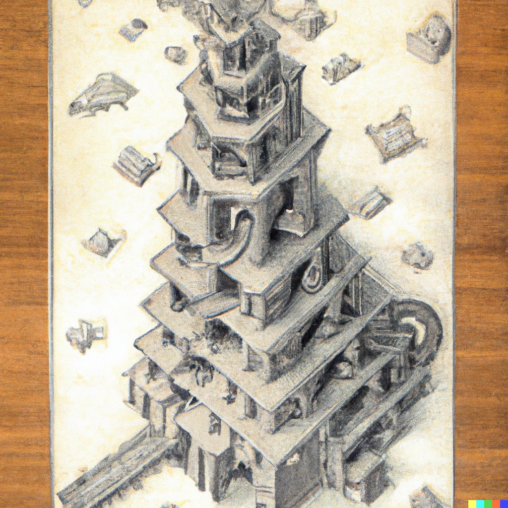 Prompt: the Tower of Babel in ink on paper by M. C. Escher, lying on a mahogany table