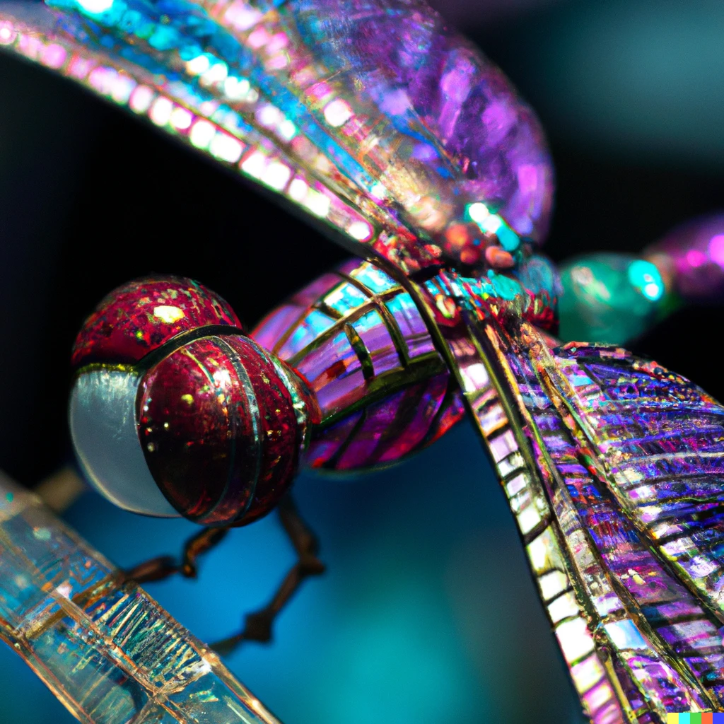 Prompt: A macro photo of a live dragonfly made of stained glass