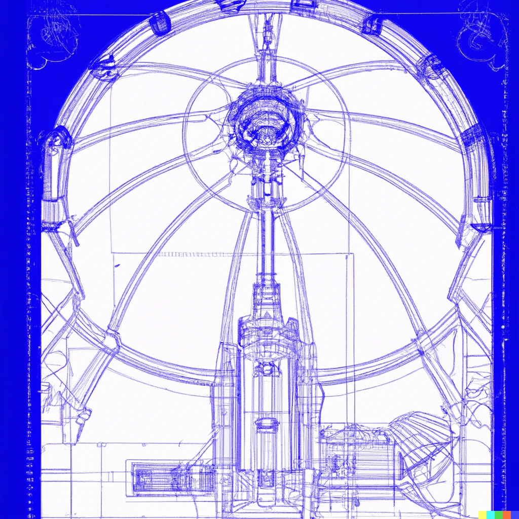 Prompt: blueprint for an Art Nouveau style temple to outer space