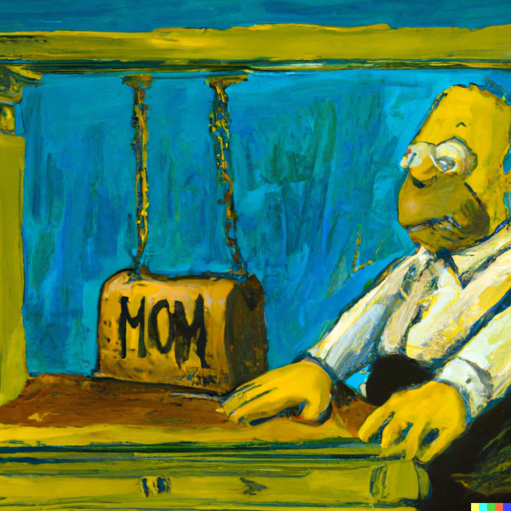 Prompt: Homer Simpson holding up a bank, painting by van Gogh 