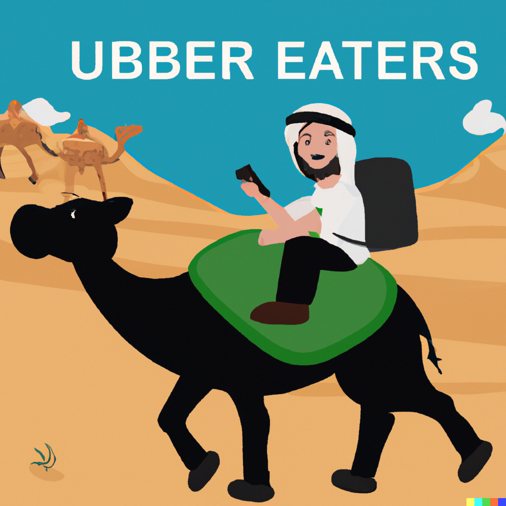 Shion × DALL·E 2 | Uber Eats delivery driver riding a camel in a desert