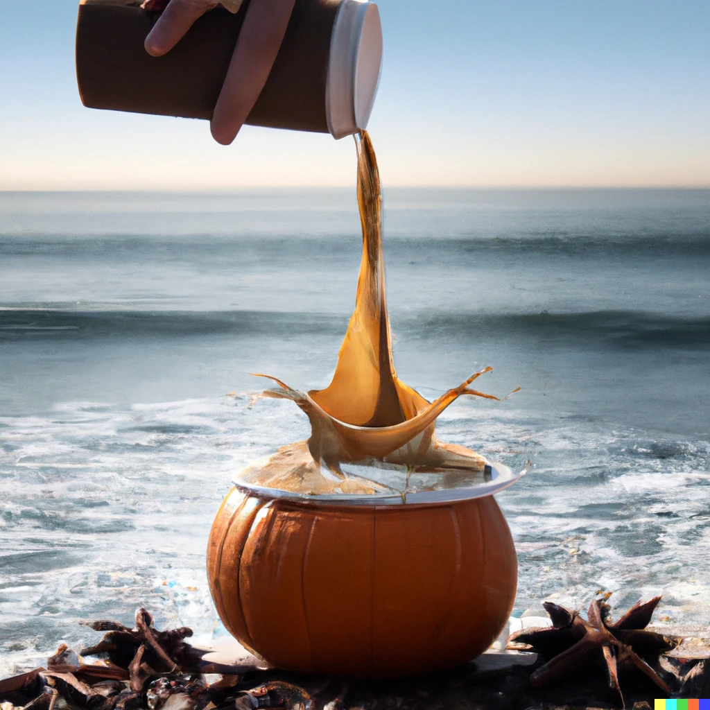 Prompt: A pumpkin spice latte being poured into the ocean