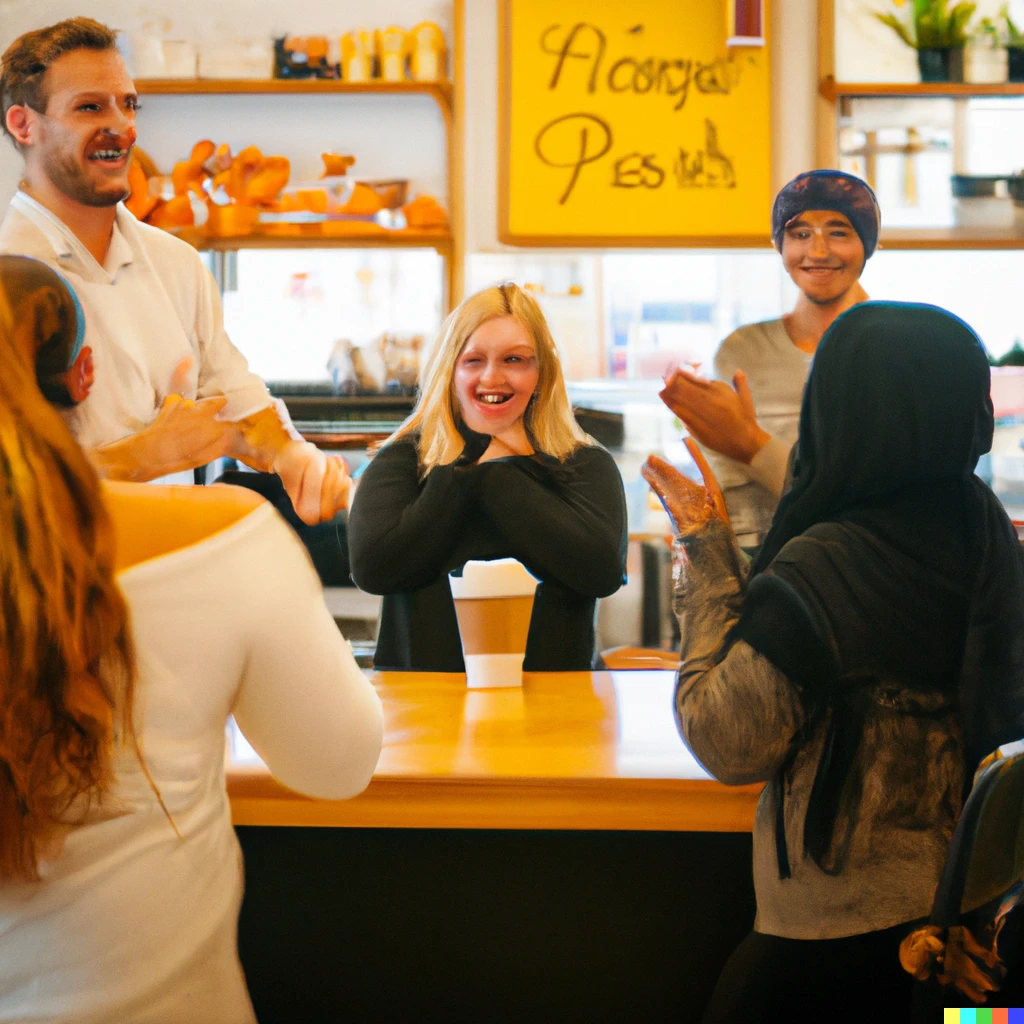 Prompt: Someone ordering a pumpkin spice latte and they are extremely happy, everyone in the coffee shop is clapping