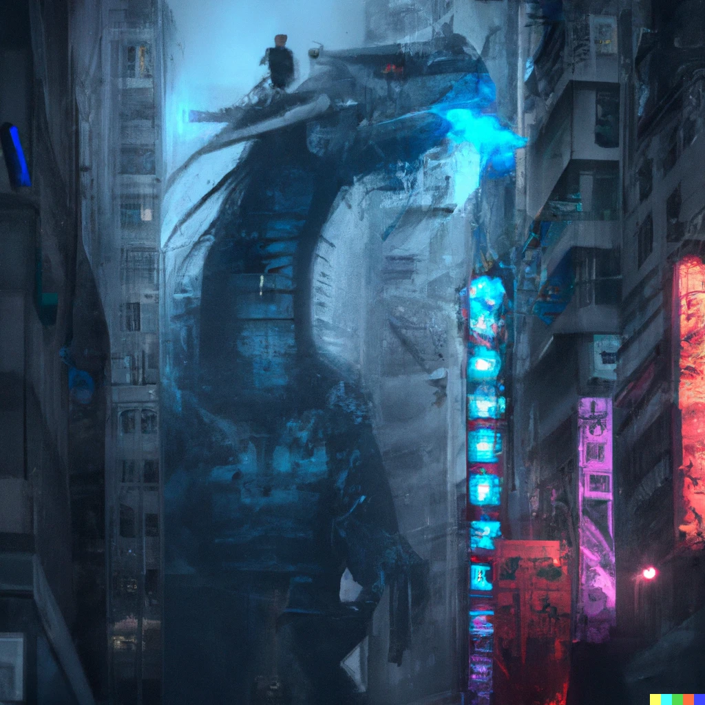 Prompt: photo of a dragon wrapped around a tall building in a cyberpunk city with people and cyborg looking at it in amazement