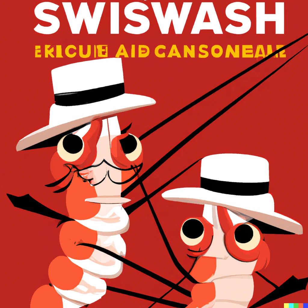 Prompt: swiss modern poster of shrimp with tophats