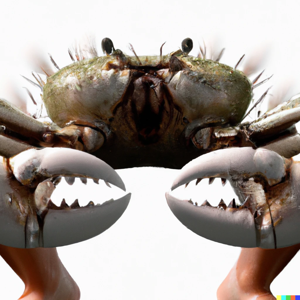 Prompt: a hyper-realistic crab with human feet for claws charging directly at you