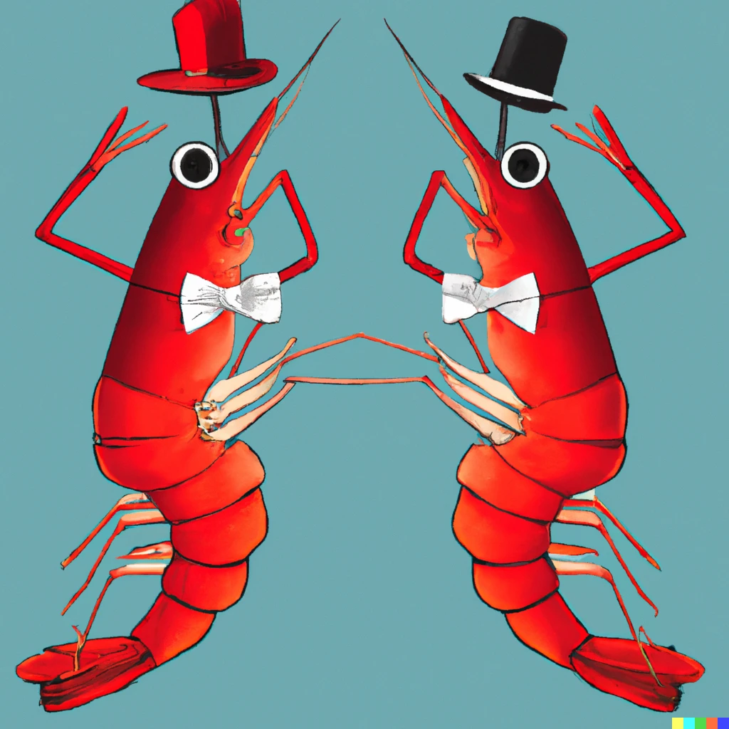 Prompt: swiss modern poster of shrimp with tophats