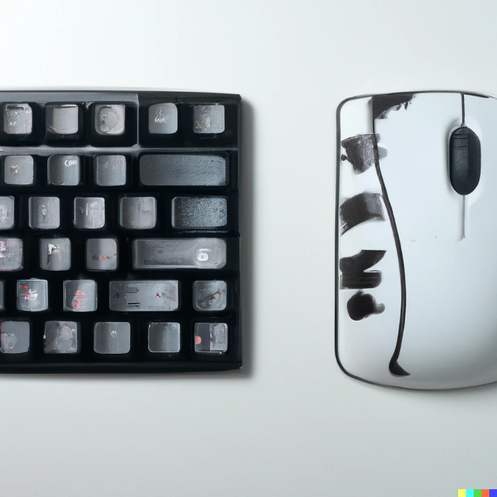 Prompt: Keyboard and mouse without numeric keypad painted with acrylic paint