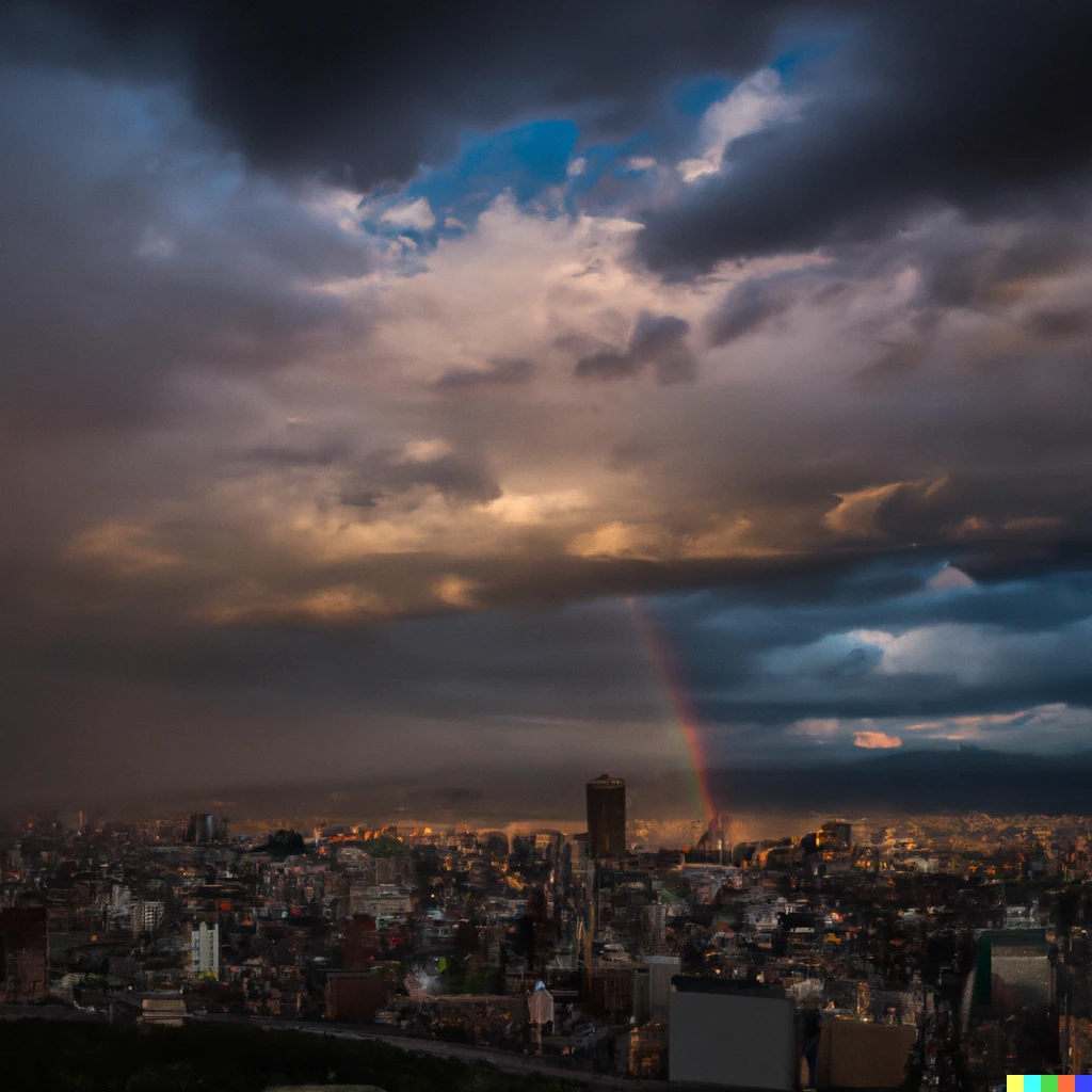 Prompt: 大阪城のてっぺんに虹がかかった夕方
