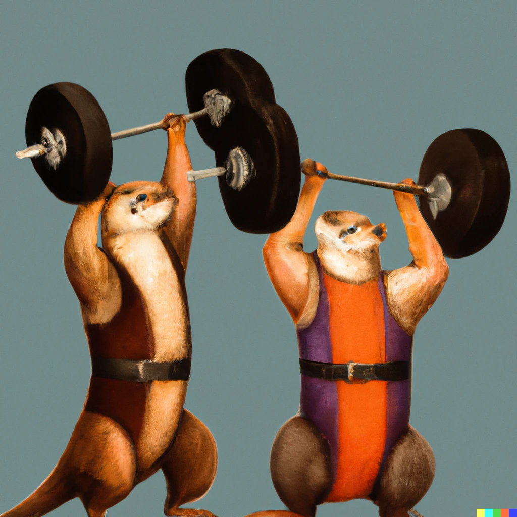 Prompt: buff otters in a gym lifting weights, digital art