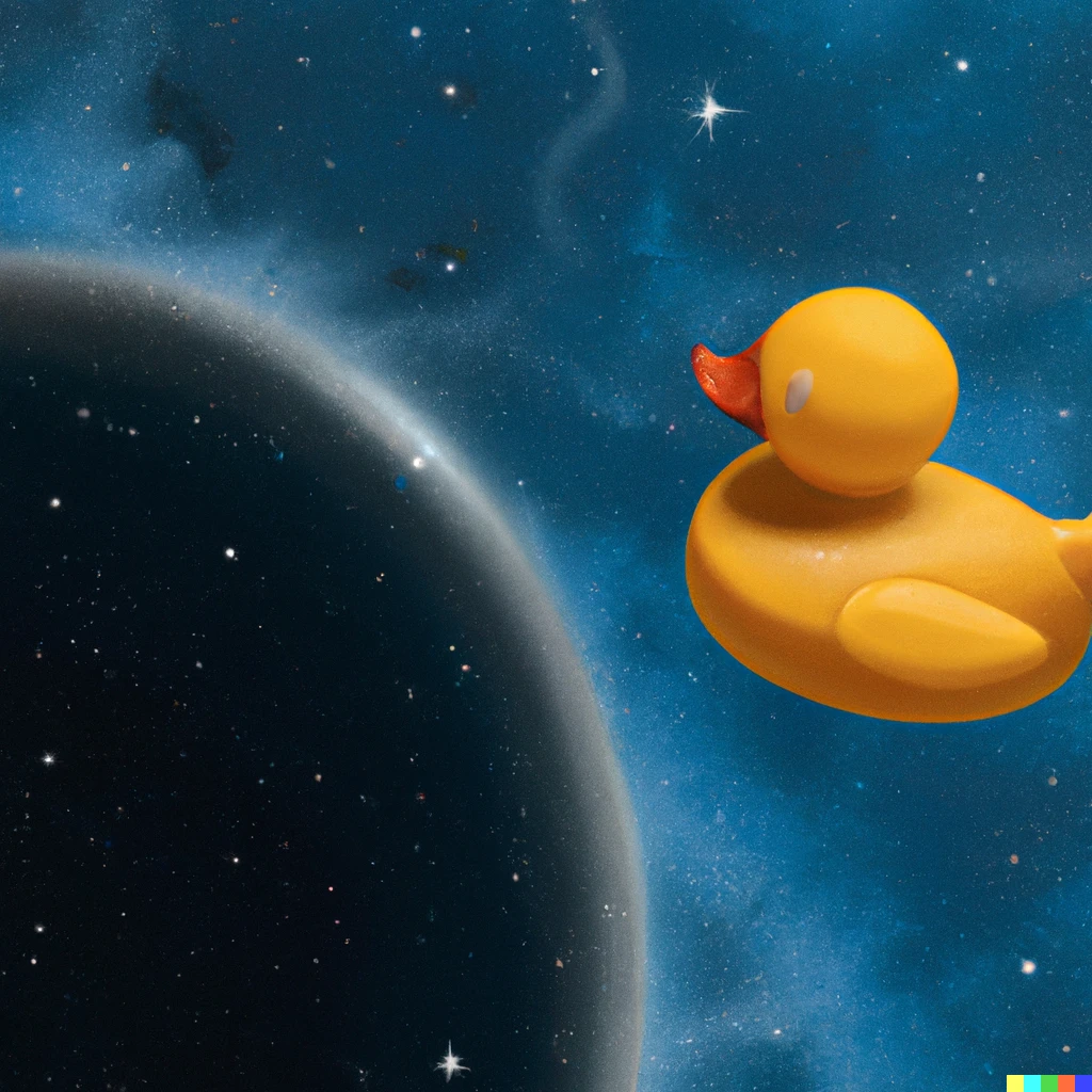 Prompt: A rubber duck floating in space, realistic 