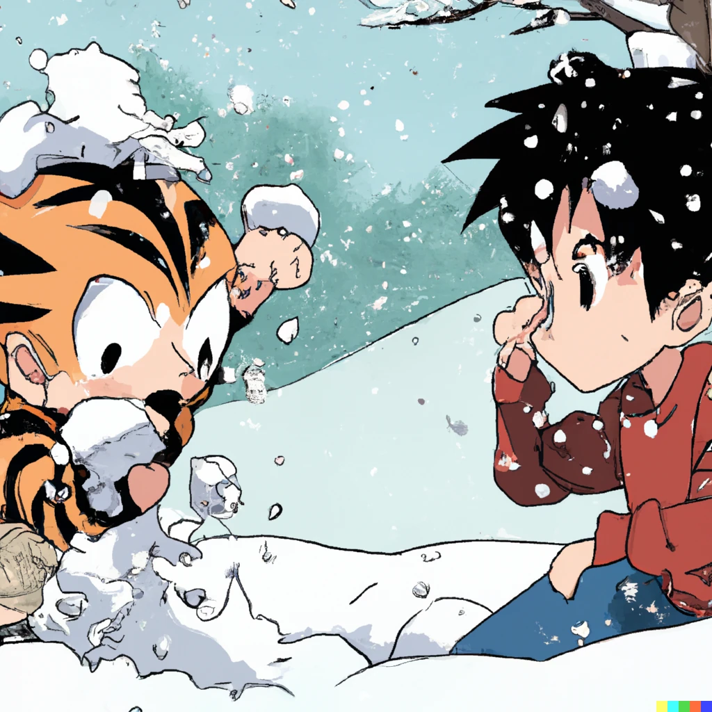Prompt: Calvin and Hobbes playing in snow japanese anime style | 949