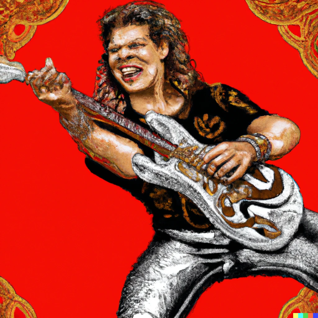 Prompt: Eddie Van Halen playing electric guitar in Tanjore painting style