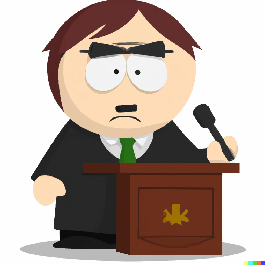 Prompt: South Park character of a lawyer
