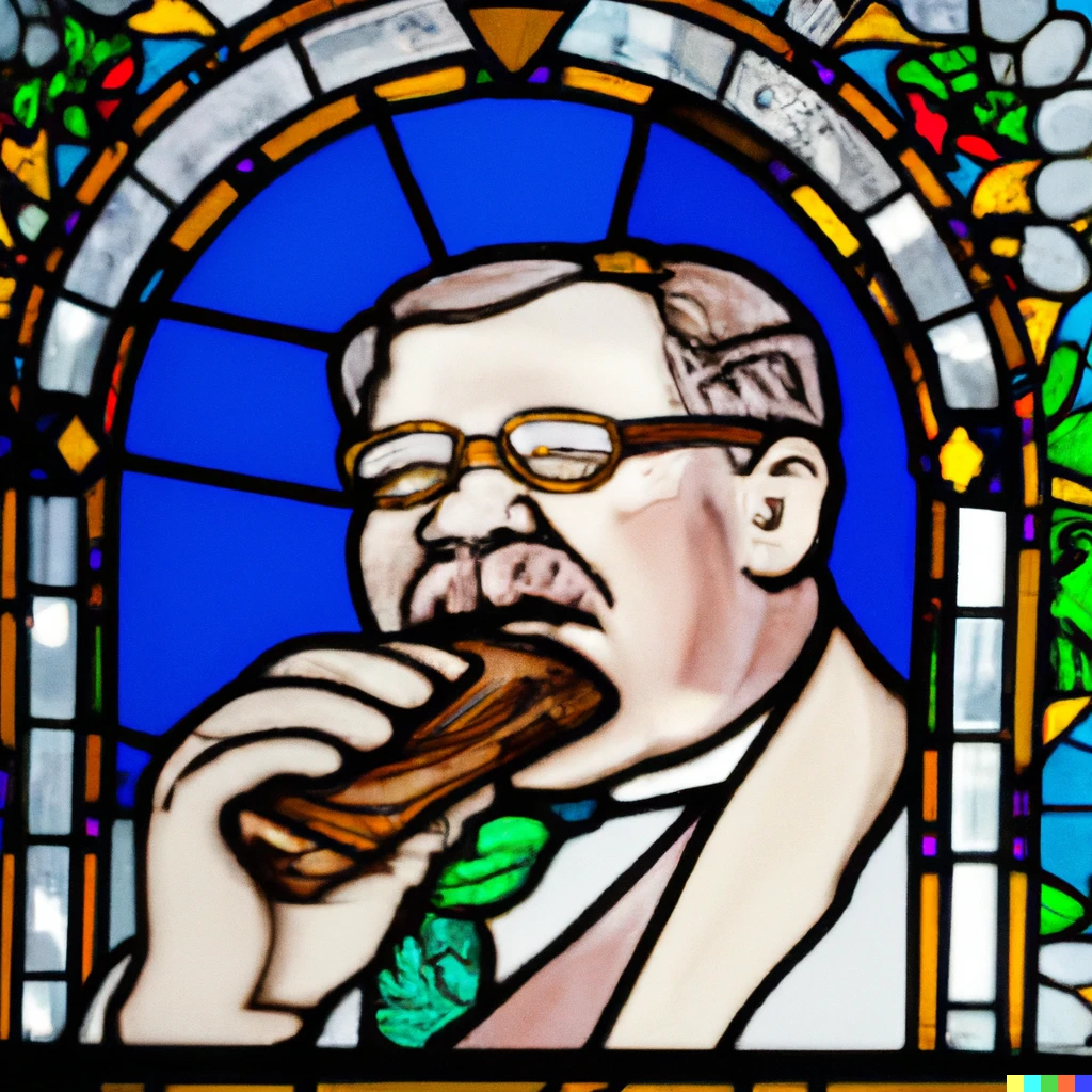 Prompt: A stain glass portrait of Teddy Roosevelt eating a hoagie in heaven