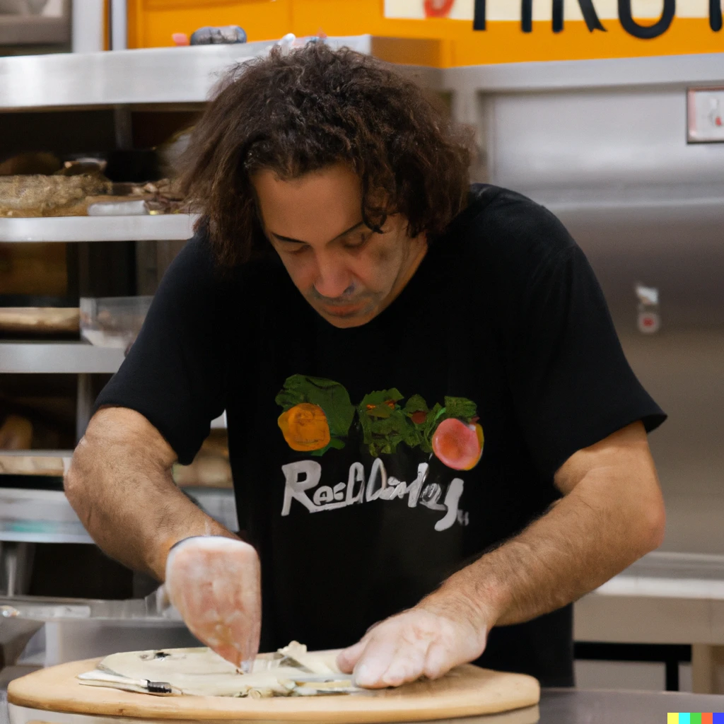 Prompt: Robert Smith making pizza at Whole Foods