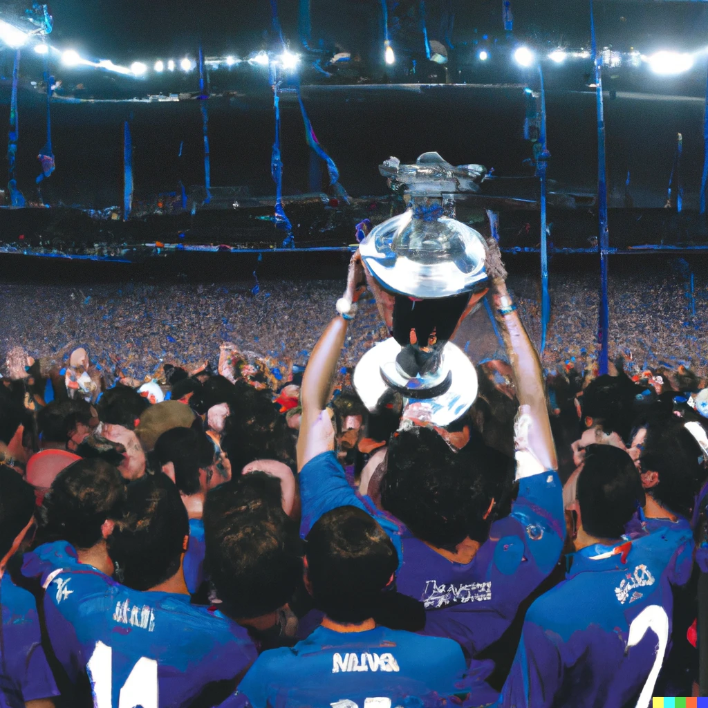 Prompt: Real Oviedo players dressed in blue standing up receiving UEFA champions League trophy with a big crowd of fans celebrating just behind them