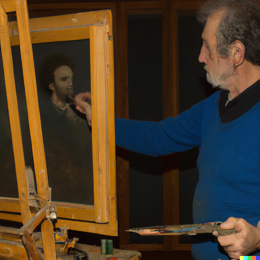 Prompt: an artist painting himself