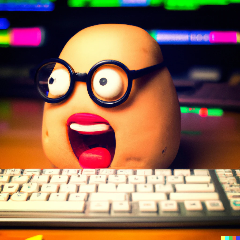 Prompt:  A nerd potato head getting very excited about a new coding feature sitting in front of a computer