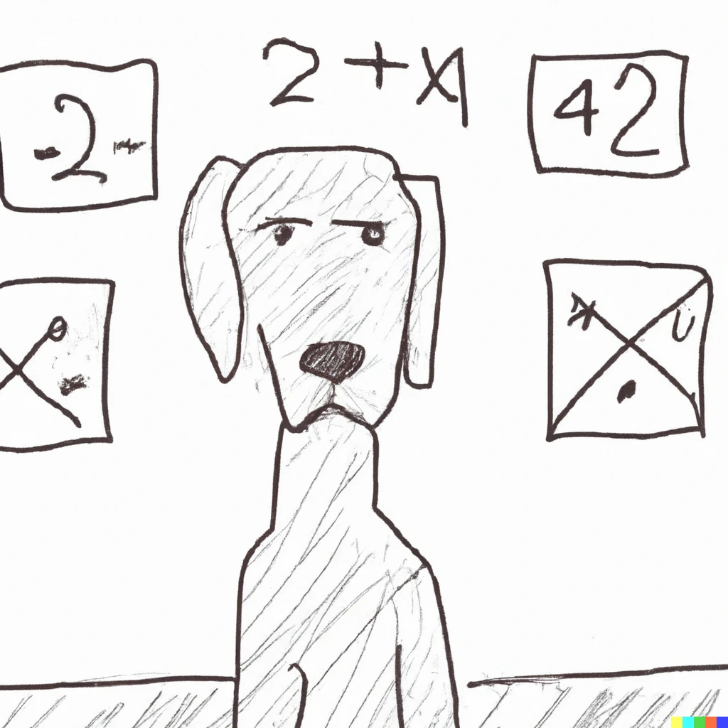 Prompt: A sketch of a confused dog sitting in a maths class