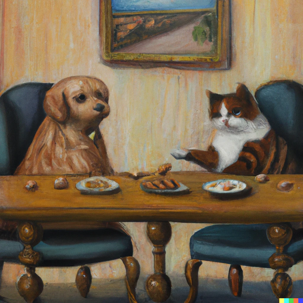 Prompt: An oil painting of a cat and a dog sitting at a  table in a meeting room negotiating terms of the peace treaty, with the cat offering some biscuits