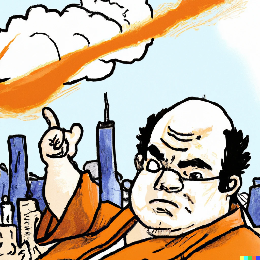 Prompt: George Costanza battles Goku in the sky above Manhattan 