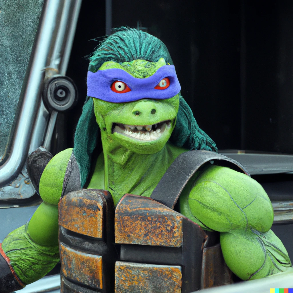 Prompt: A realistic image of an on the set outtake of the ninja turtle michelangelo in the movie Guardians of the Galaxy