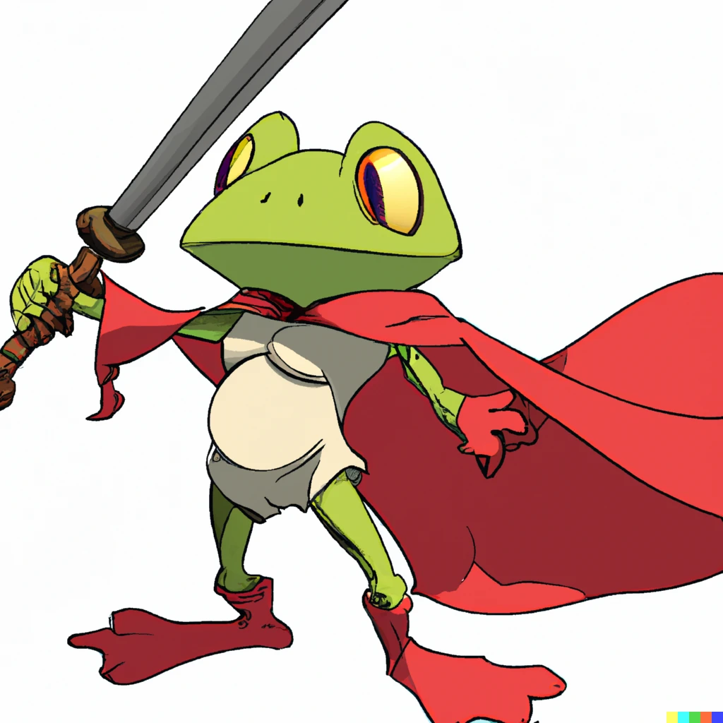 Prompt: In the style of a video game, a bipedal frog wearing a red cape and wielding a wooden sword