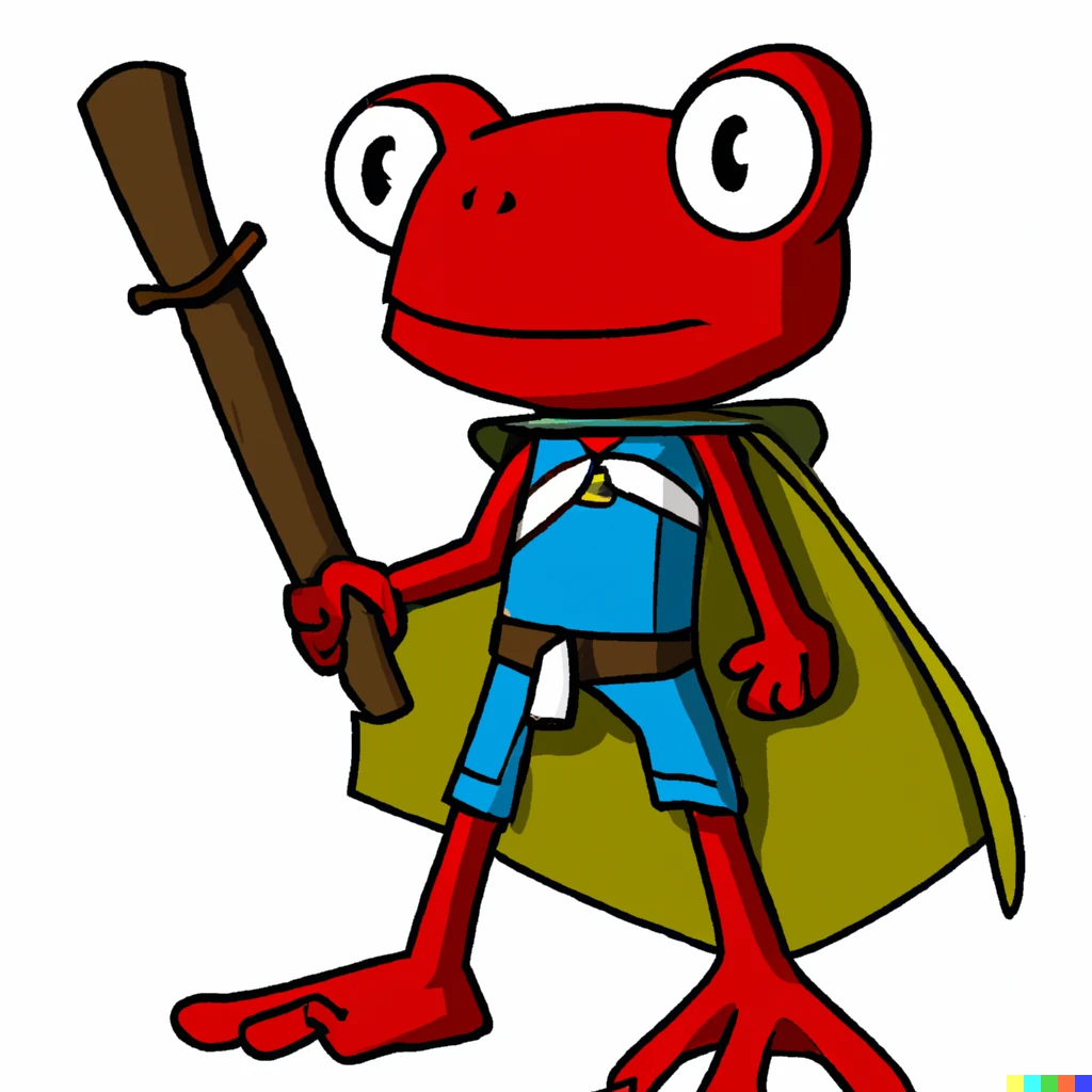 Prompt: In the style of a video game, a bipedal frog wearing a red cape and wielding a wooden sword