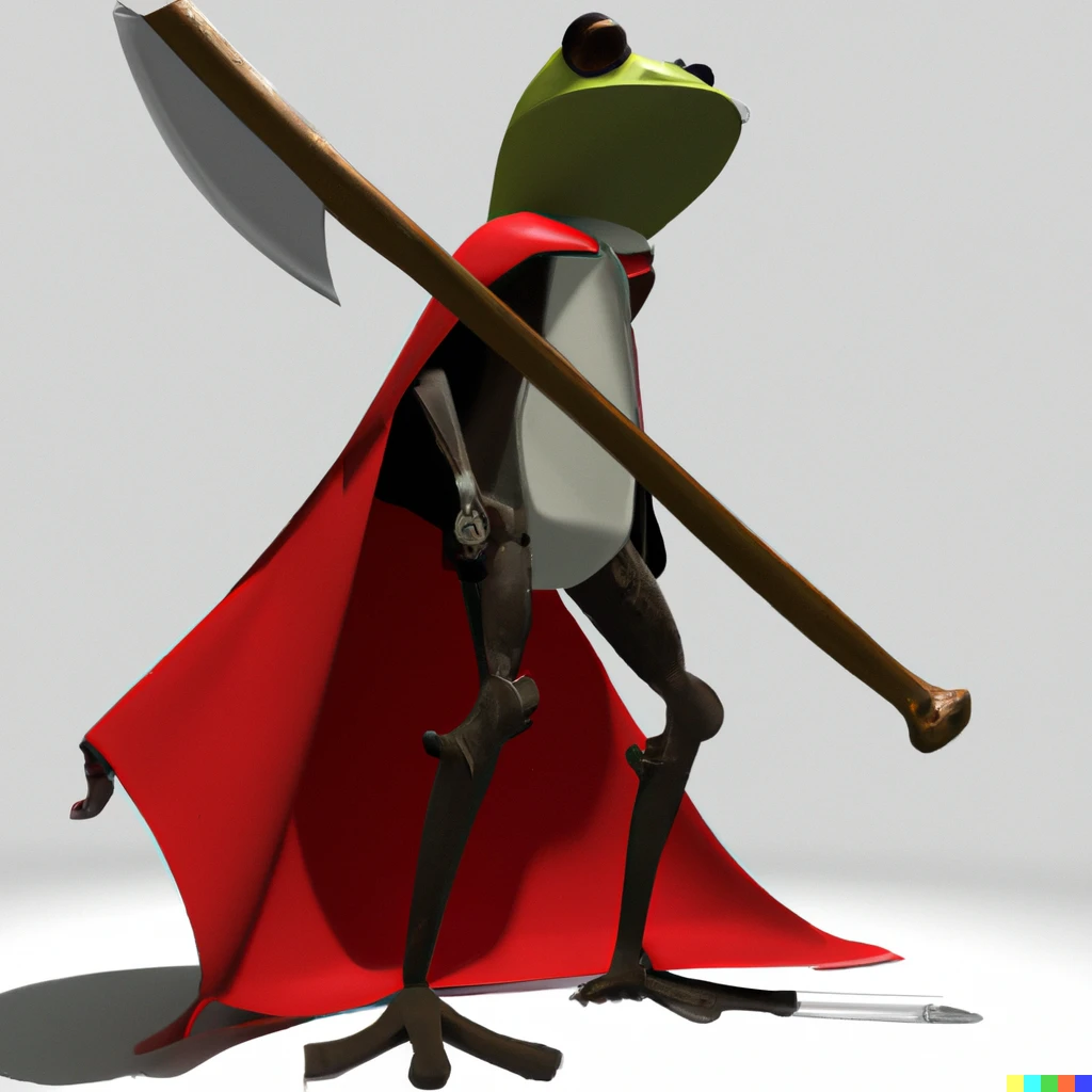 Prompt: Concept art of a bipedal frog wearing a red cape and wielding a wooden sword