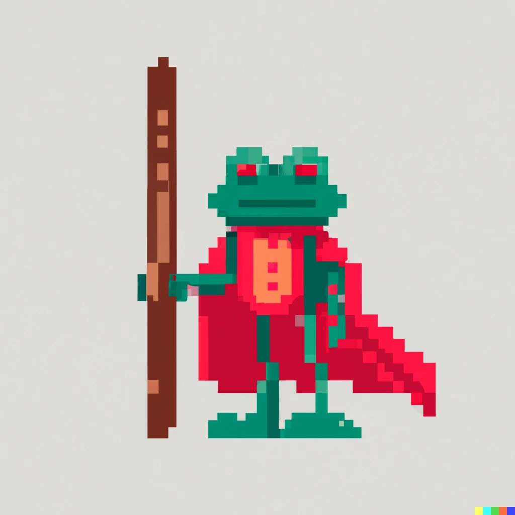 Prompt: pixel art, a bipedal frog wearing a red cape and wielding a wooden sword