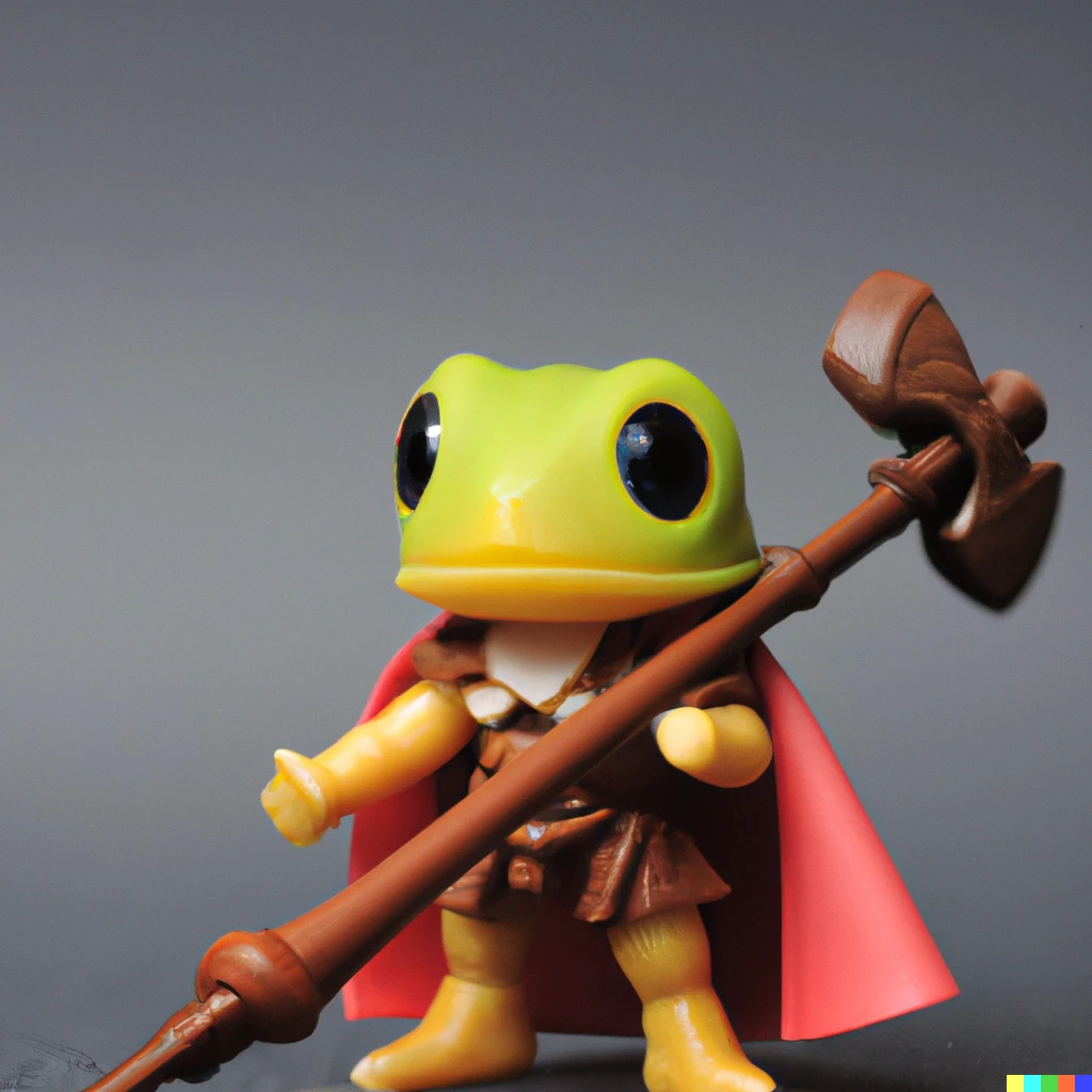 Prompt: A nendoroid of a bipedal frog wearing a cape and wielding a wooden sword.