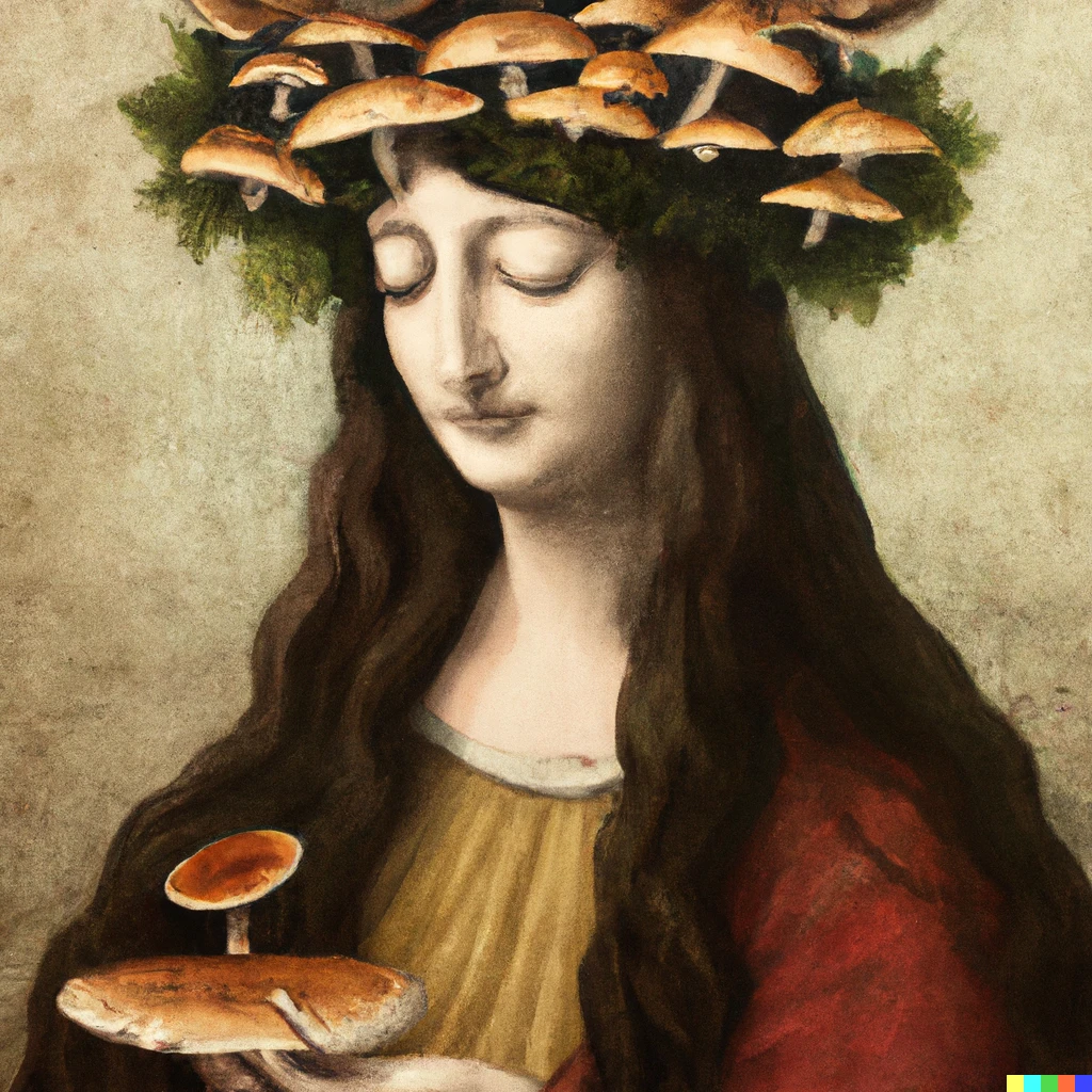 Prompt: Painting of the goddess of mushrooms by leonardo da vinci