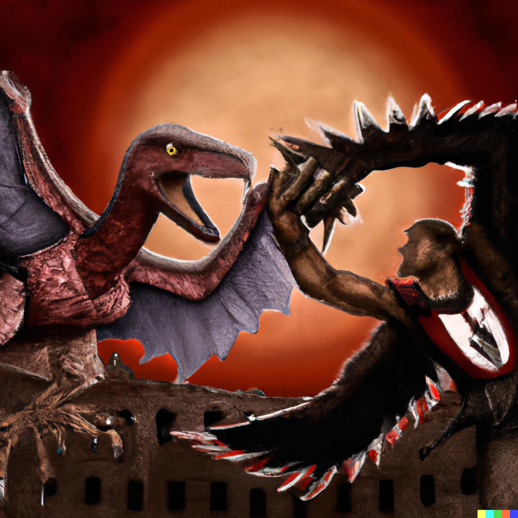 Prompt: The raptor from the Toronto raptors battling against groan dragic in a medieval style setting